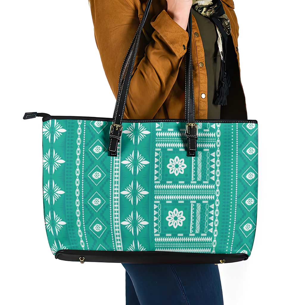 Fiji Masi All Teal Leather Tote Bag Tapa Pattern - Polynesian Pride