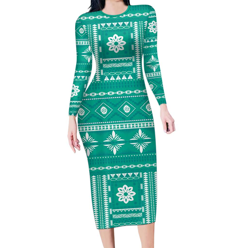teal bodycon dress long sleeve Fiji Masi All Teal Long Sleeve Bodycon Dress Tapa Pattern
