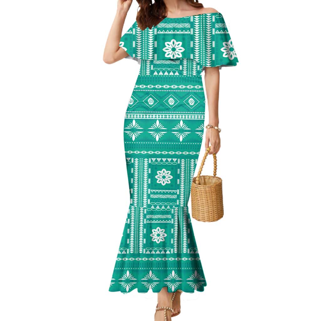 Fiji Masi All Teal Mermaid Dress Tapa Pattern - Polynesian Pride