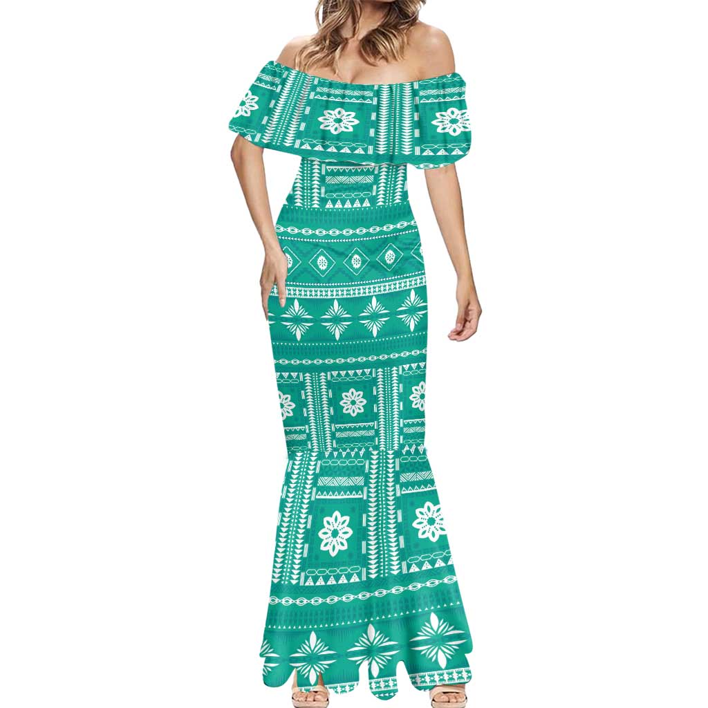Fiji Masi All Teal Mermaid Dress Tapa Pattern - Polynesian Pride