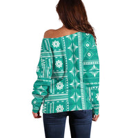 Fiji Masi All Teal Off Shoulder Sweater Tapa Pattern - Polynesian Pride