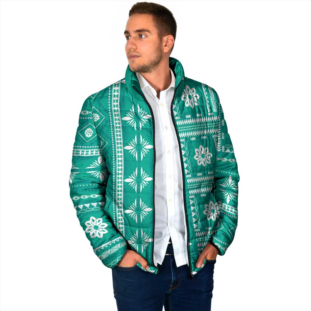 Fiji Masi All Teal Padded Jacket Tapa Pattern - Polynesian Pride