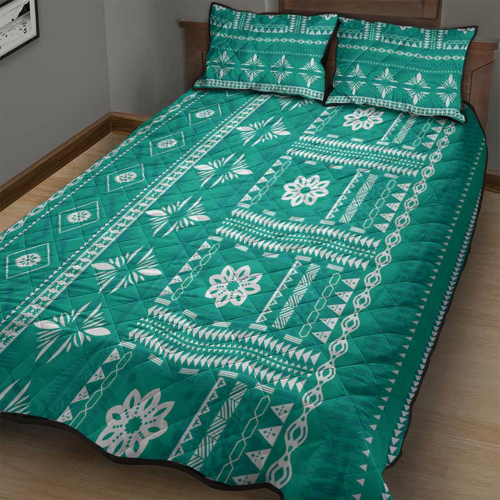 Fiji Masi All Teal Quilt Bed Set Tapa Pattern - Polynesian Pride