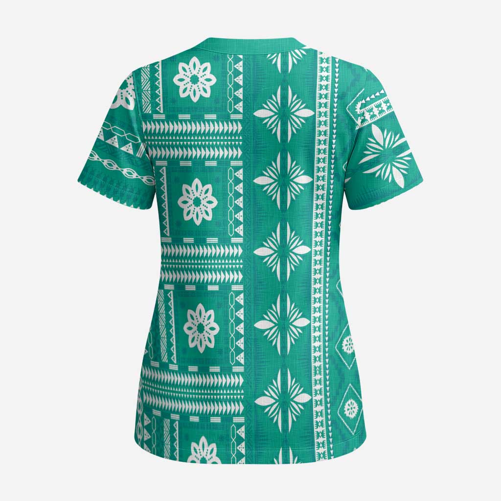 Fiji Masi All Teal Scrub Top Tapa Pattern - Polynesian Pride