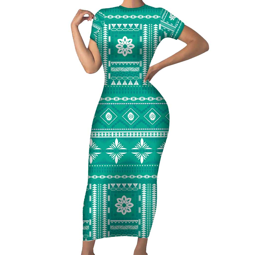 Fiji Masi All Teal Short Sleeve Bodycon Dress Tapa Pattern - Polynesian Pride