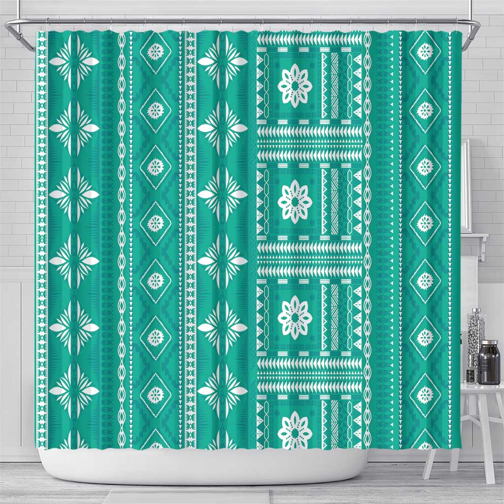 Fiji Masi All Teal Shower Curtain Tapa Pattern - Polynesian Pride