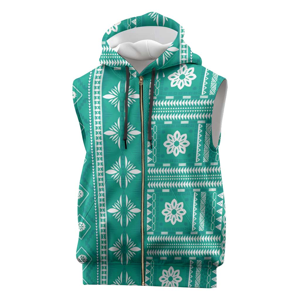 Fiji Masi All Teal Sleeveless Zip Hoodie Tapa Pattern - Polynesian Pride