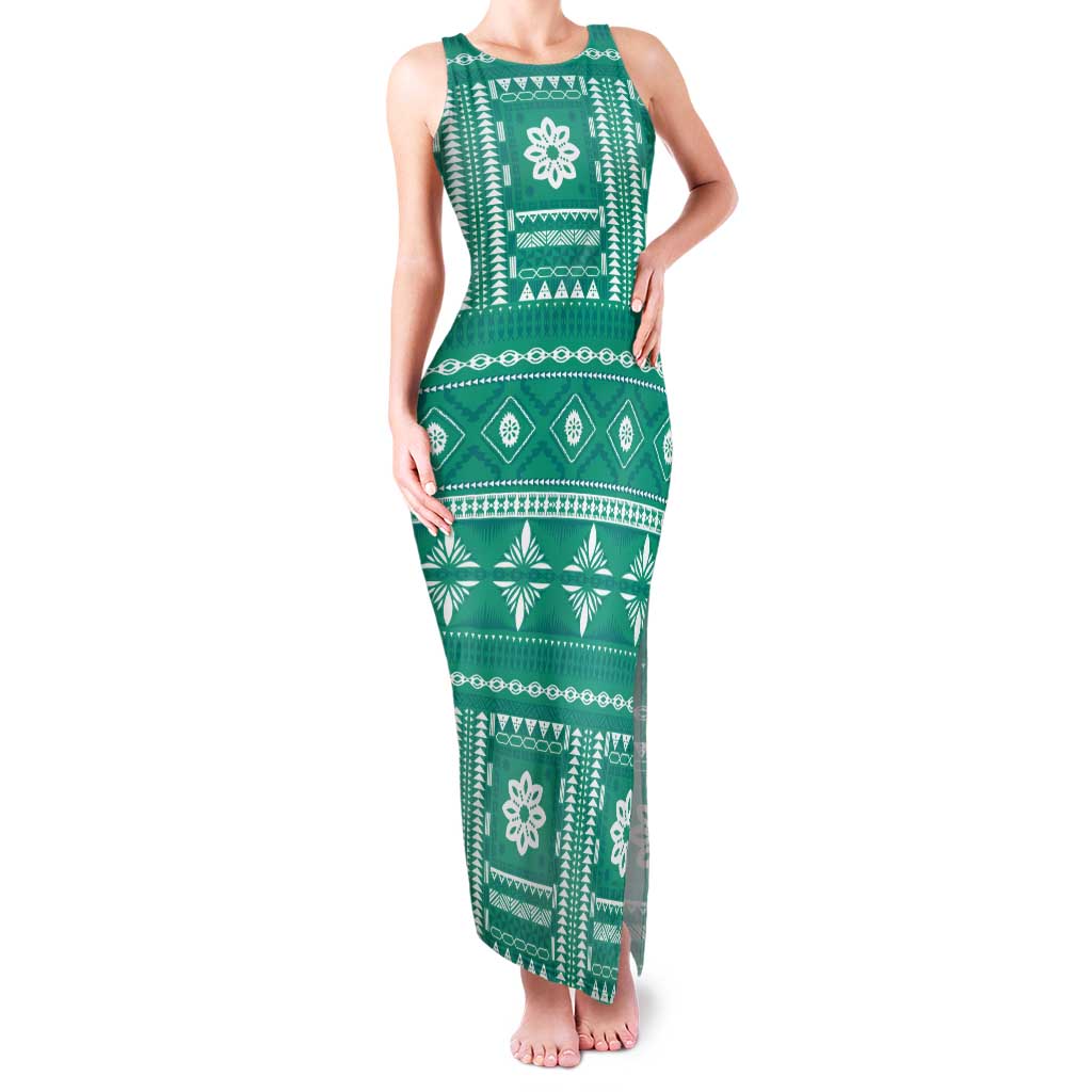 Fiji Masi All Teal Tank Maxi Dress Tapa Pattern - Polynesian Pride