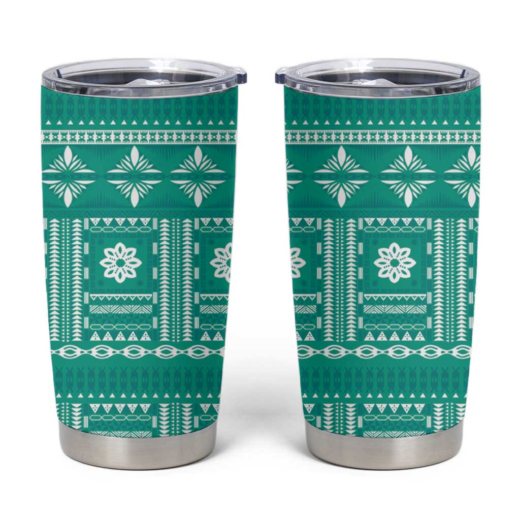 Fiji Masi All Teal Tumbler Cup Tapa Pattern - Polynesian Pride