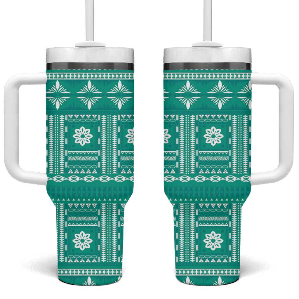 Fiji Masi All Teal Tumbler With Handle Tapa Pattern - Polynesian Pride