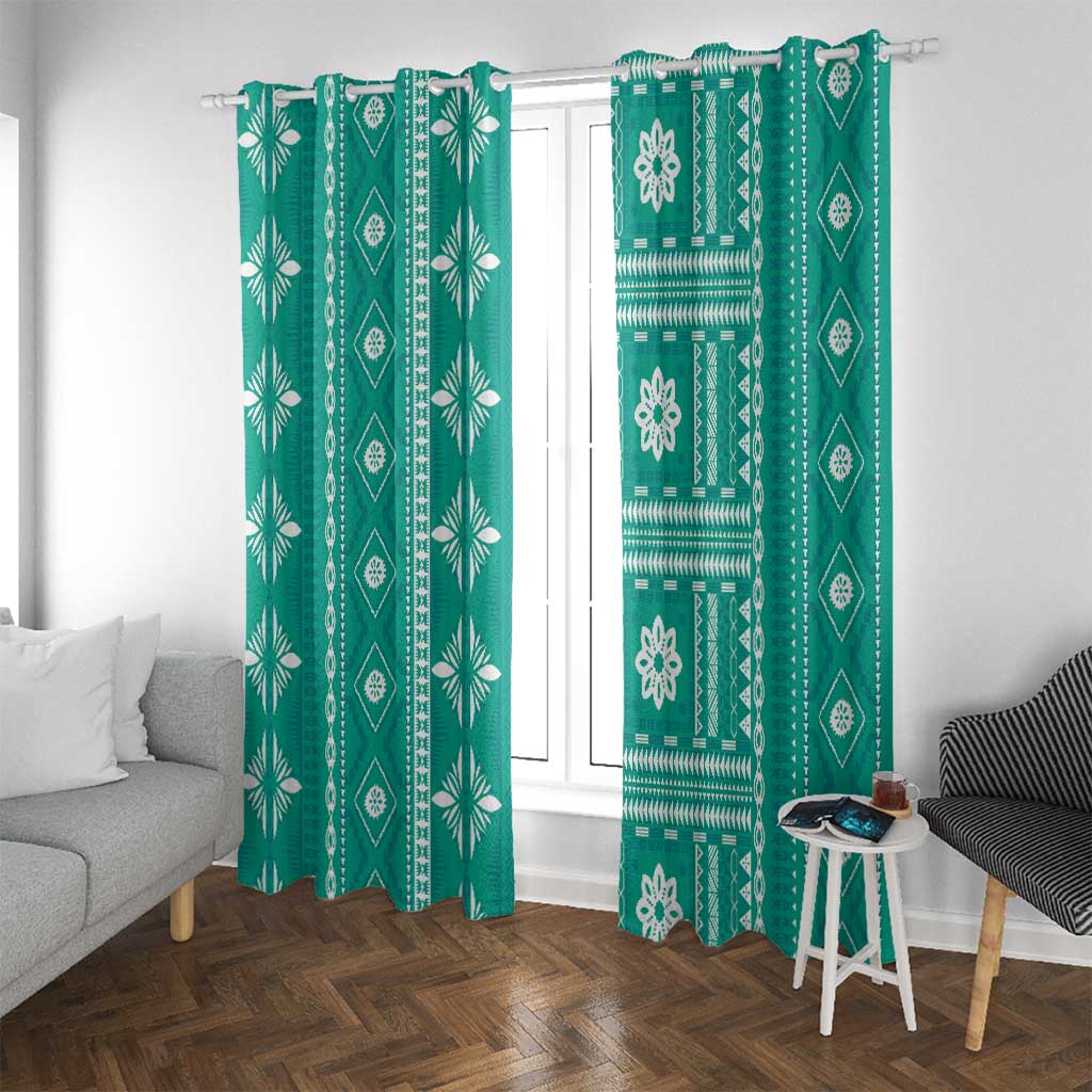 Fiji Masi All Teal Window Curtain Tapa Pattern - Polynesian Pride