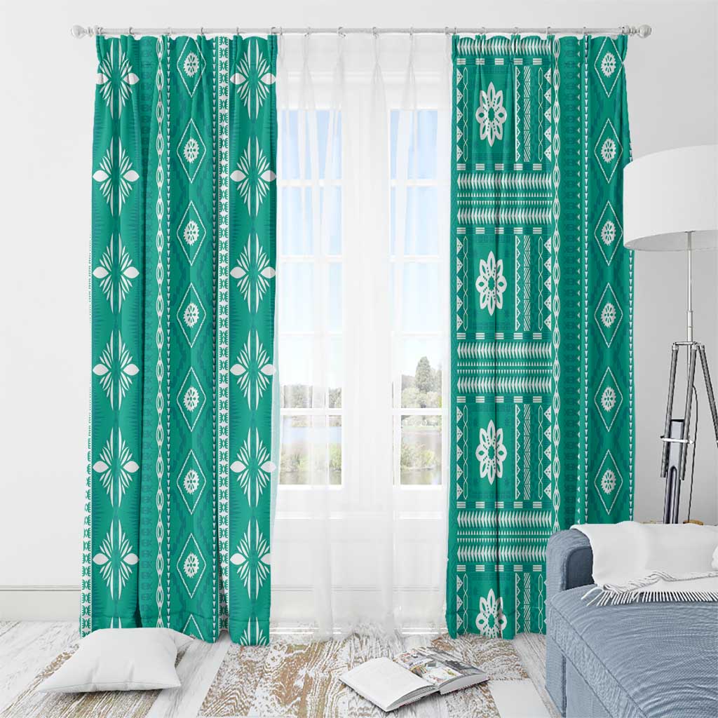 Fiji Masi All Teal Window Curtain Tapa Pattern - Polynesian Pride