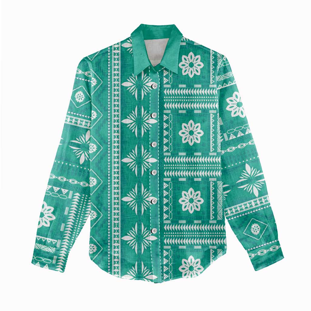 Fiji Masi All Teal Women Casual Shirt Tapa Pattern - Polynesian Pride
