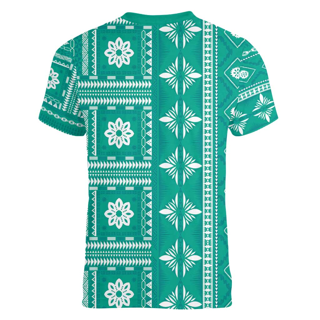 Fiji Masi All Teal Women V-Neck T-Shirt Tapa Pattern - Polynesian Pride