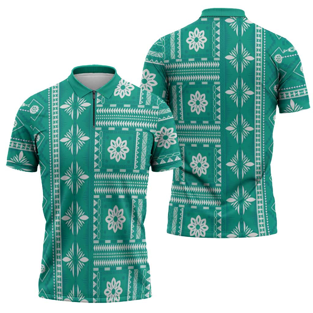 Fiji Masi All Teal Zipper Polo Shirt Tapa Pattern - Polynesian Pride