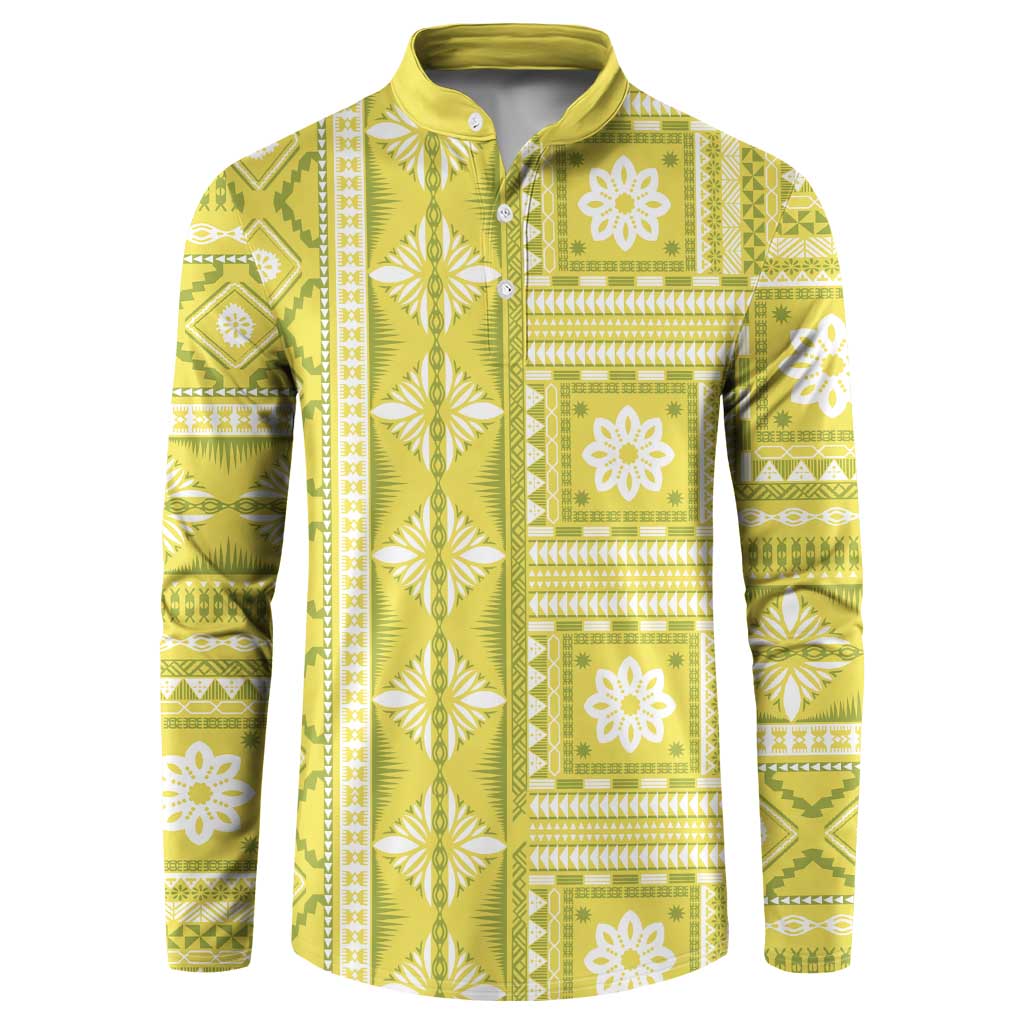 Fiji Masi All Yellow Button Sweatshirt Tapa Pattern - Polynesian Pride