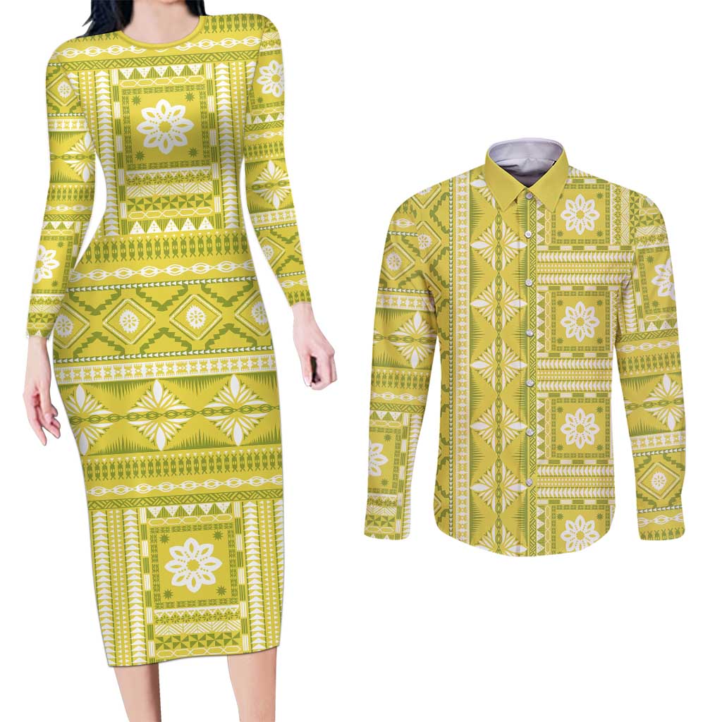 Fiji Masi All Yellow Couples Matching Long Sleeve Bodycon Dress and Long Sleeve Button Shirt Tapa Pattern - Polynesian Pride