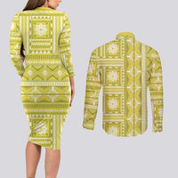 Fiji Masi All Yellow Couples Matching Long Sleeve Bodycon Dress and Long Sleeve Button Shirt Tapa Pattern - Polynesian Pride
