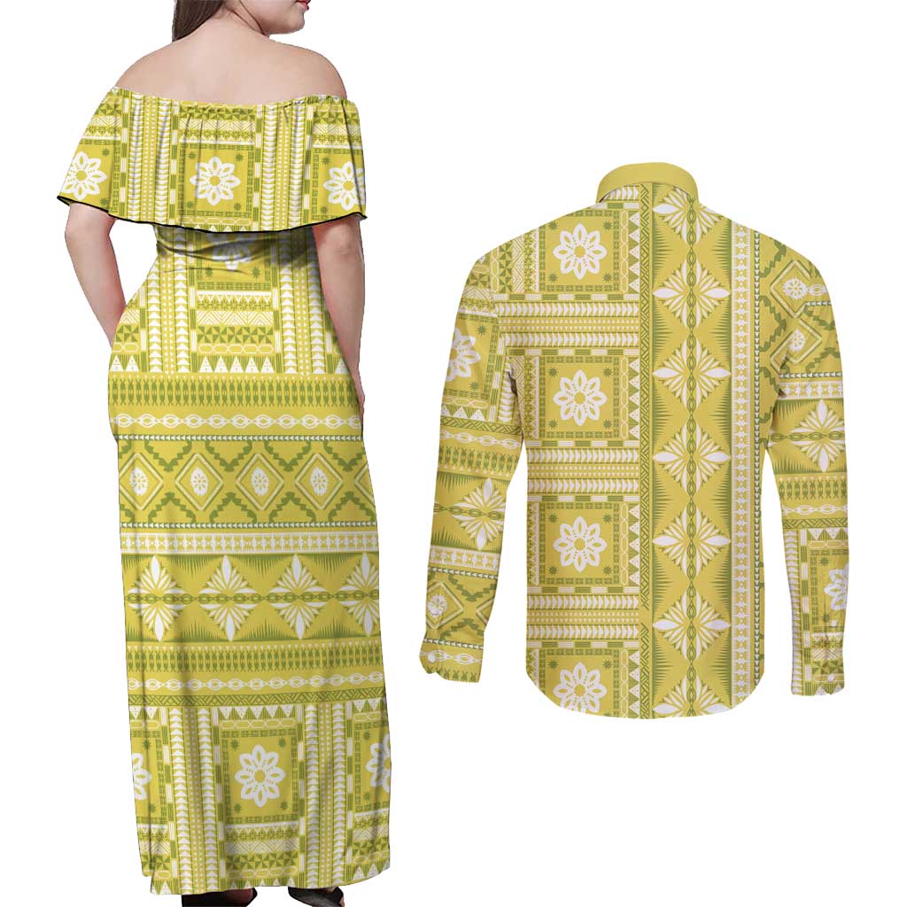 Fiji Masi All Yellow Couples Matching Off Shoulder Maxi Dress and Long Sleeve Button Shirt Tapa Pattern - Polynesian Pride