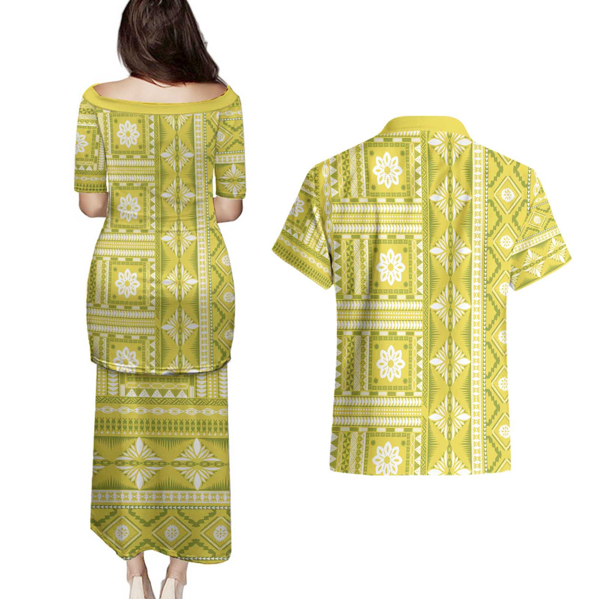Fiji Masi All Yellow Couples Matching Puletasi and Hawaiian Shirt Tapa Pattern - Polynesian Pride