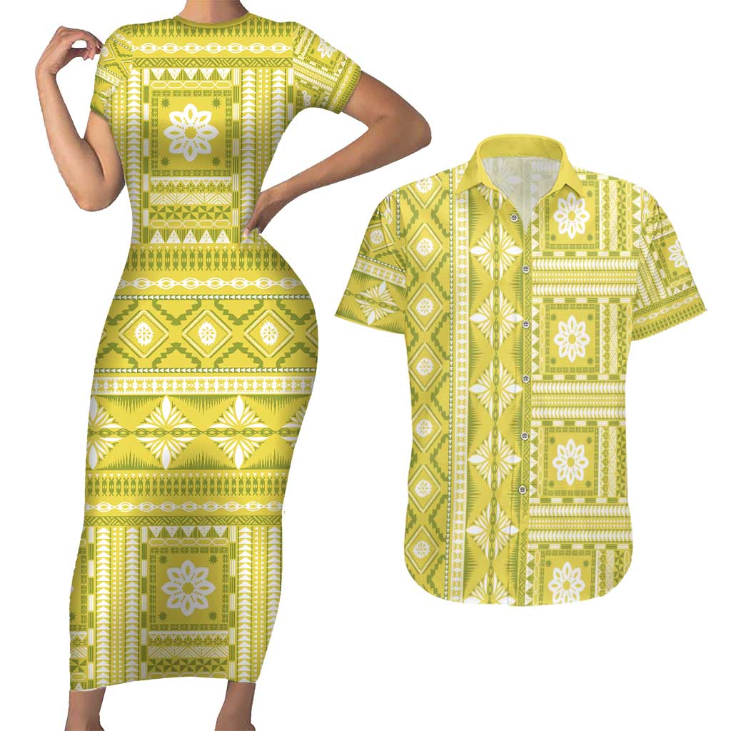 Fiji Masi All Yellow Couples Matching Short Sleeve Bodycon Dress and Hawaiian Shirt Tapa Pattern - Polynesian Pride