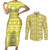 Fiji Masi All Yellow Couples Matching Short Sleeve Bodycon Dress and Long Sleeve Button Shirt Tapa Pattern - Polynesian Pride