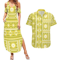 Fiji Masi All Yellow Couples Matching Summer Maxi Dress and Hawaiian Shirt Tapa Pattern - Polynesian Pride