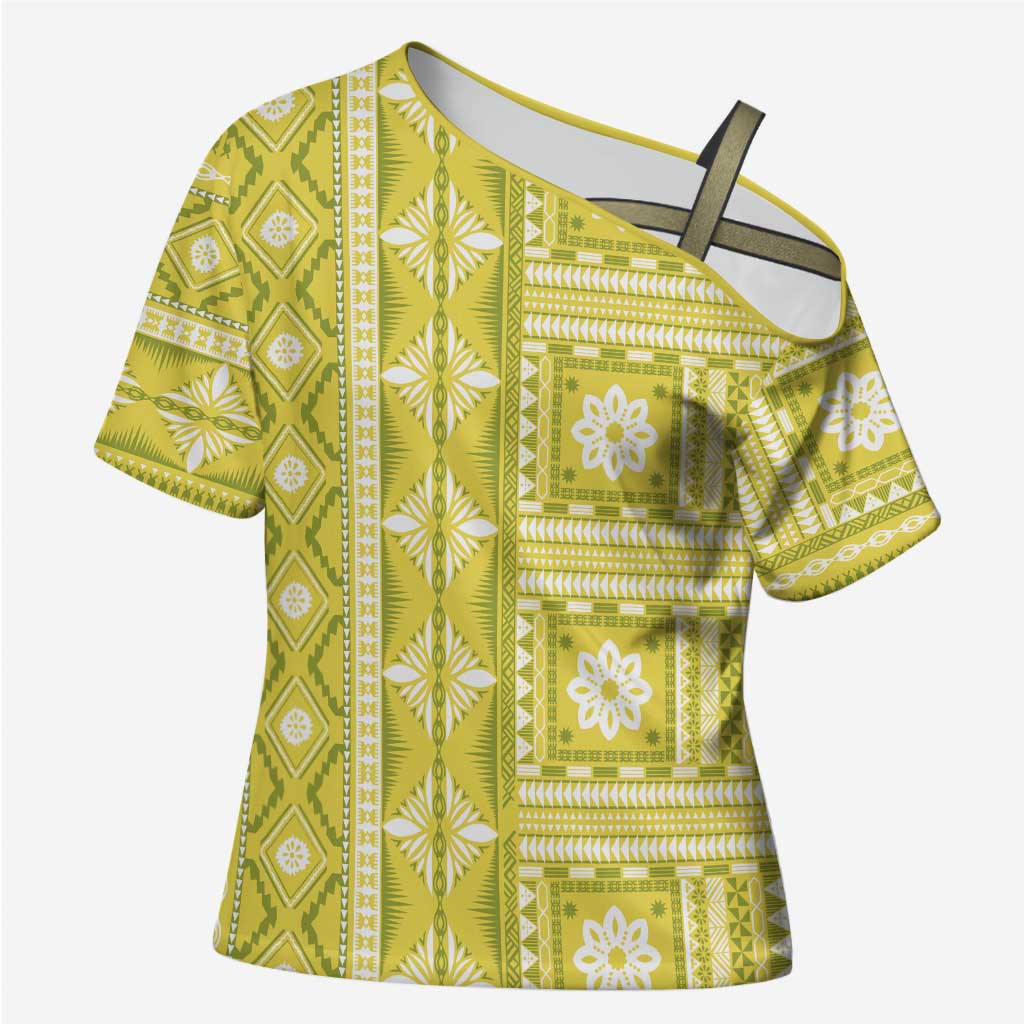 Fiji Masi All Yellow Cross Shoulder Shirt Tapa Pattern - Polynesian Pride