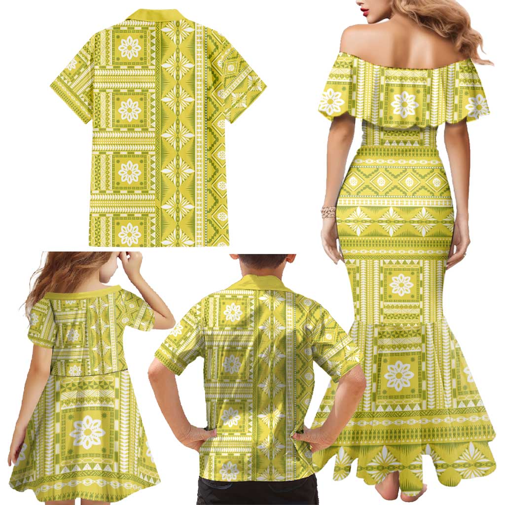 Fiji Masi All Yellow Family Matching Mermaid Dress and Hawaiian Shirt Tapa Pattern - Polynesian Pride