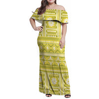 Fiji Masi All Yellow Family Matching Off Shoulder Maxi Dress and Hawaiian Shirt Tapa Pattern - Polynesian Pride