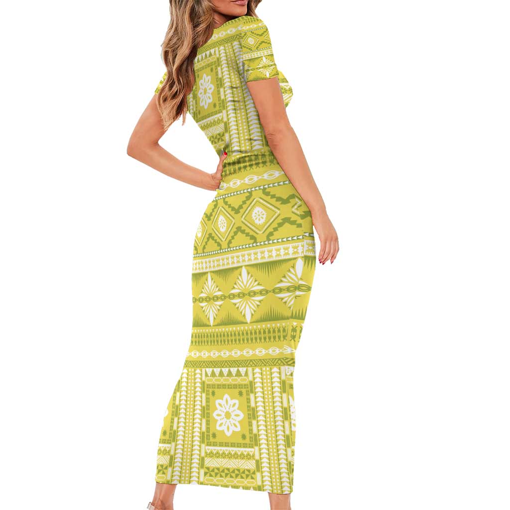 Fiji Masi All Yellow Family Matching Short Sleeve Bodycon Dress and Hawaiian Shirt Tapa Pattern - Polynesian Pride