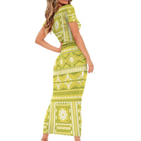 Fiji Masi All Yellow Family Matching Short Sleeve Bodycon Dress and Hawaiian Shirt Tapa Pattern - Polynesian Pride