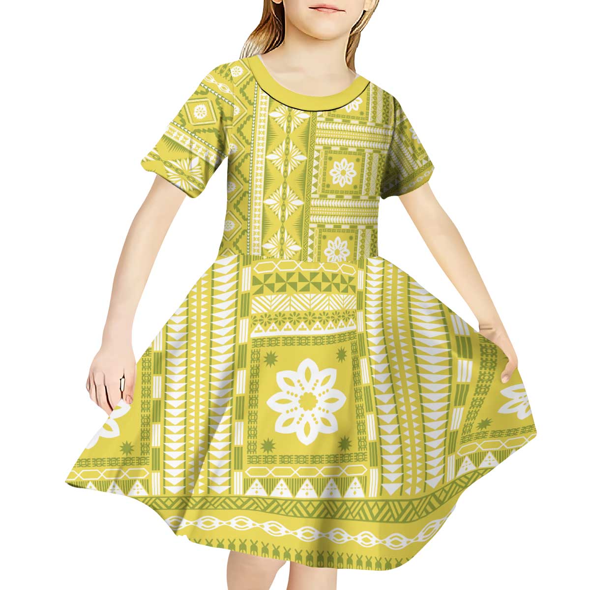 Fiji Masi All Yellow Kid Short Sleeve Dress Tapa Pattern - Polynesian Pride
