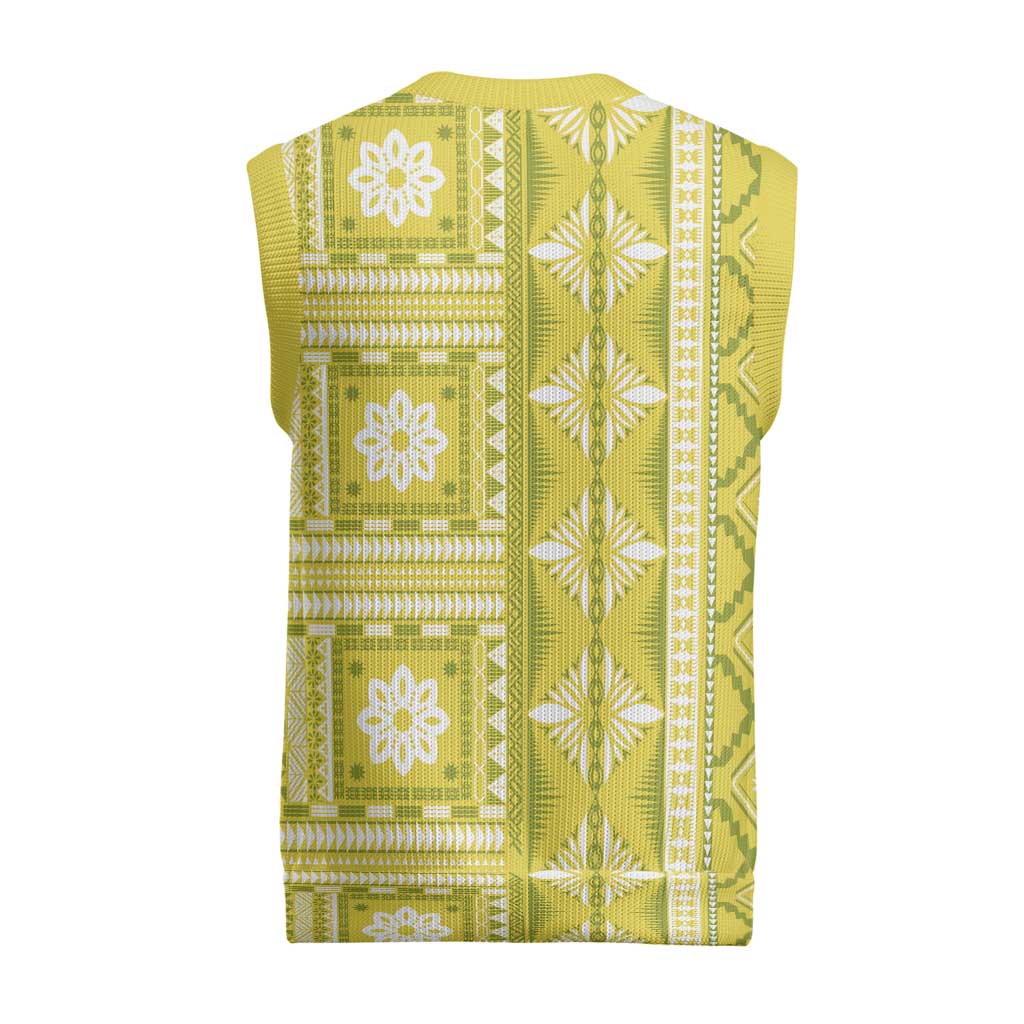 Fiji Masi All Yellow Christmas Knitted V-Neck Vest Tapa Pattern - Polynesian Pride