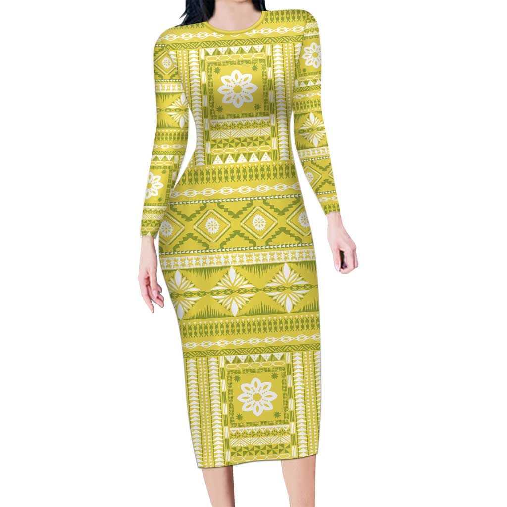 Fiji Masi All Yellow Long Sleeve Bodycon Dress Tapa Pattern - Polynesian Pride