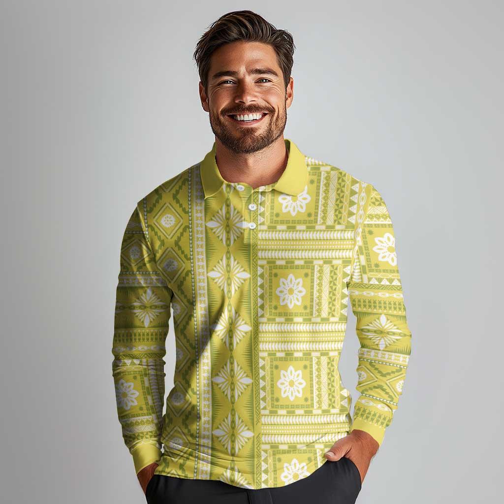 Fiji Masi All Yellow Long Sleeve Polo Shirt Tapa Pattern - Polynesian Pride