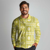 Fiji Masi All Yellow Long Sleeve Polo Shirt Tapa Pattern - Polynesian Pride