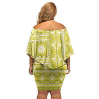 Fiji Masi All Yellow Off Shoulder Short Dress Tapa Pattern - Polynesian Pride