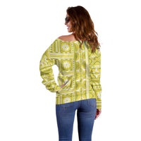 Fiji Masi All Yellow Off Shoulder Sweater Tapa Pattern - Polynesian Pride