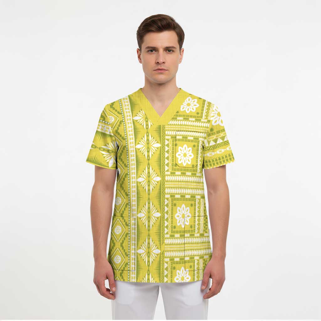 Fiji Masi All Yellow Scrub Top Tapa Pattern - Polynesian Pride