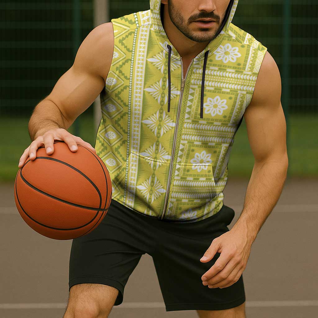 Fiji Masi All Yellow Sleeveless Zip Hoodie Tapa Pattern - Polynesian Pride
