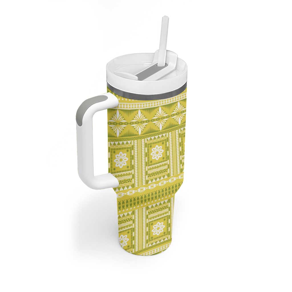 Fiji Masi All Yellow Tumbler With Handle Tapa Pattern - Polynesian Pride