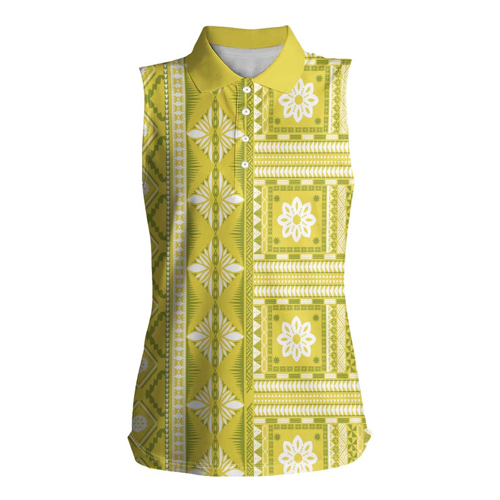 Fiji Masi All Yellow Women Sleeveless Polo Shirt Tapa Pattern - Polynesian Pride