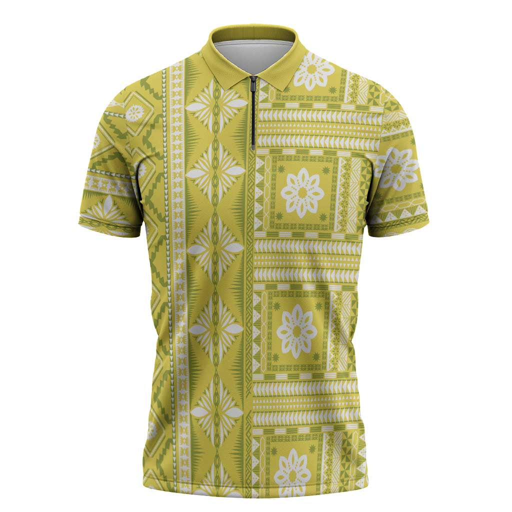 Fiji Masi All Yellow Zipper Polo Shirt Tapa Pattern - Polynesian Pride