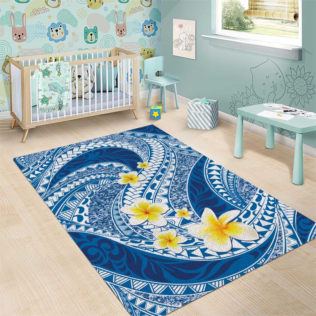 Plumeria Polynesian Blue Glitter Pattern Area Rug