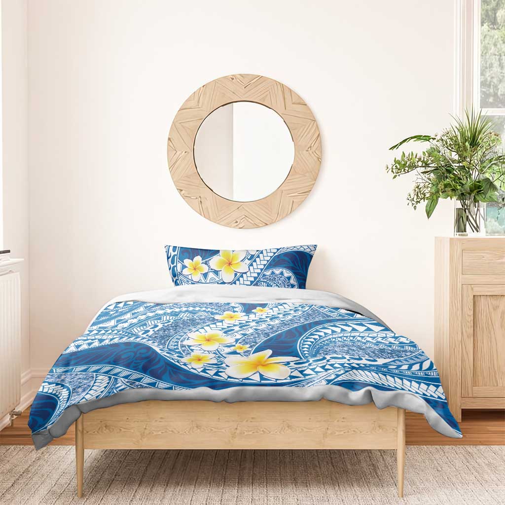 Plumeria Polynesian Blue Glitter Pattern Bedding Set