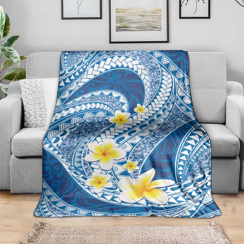 Plumeria Polynesian Blue Glitter Pattern Blanket