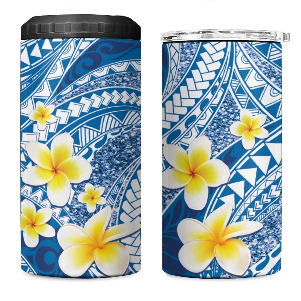 Plumeria Polynesian Blue Glitter Pattern 4 in 1 Can Cooler Tumbler
