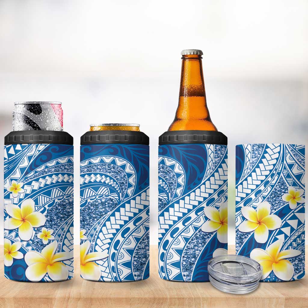 Plumeria Polynesian Blue Glitter Pattern 4 in 1 Can Cooler Tumbler