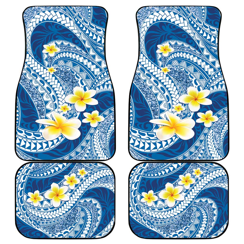 Plumeria Polynesian Blue Glitter Pattern Car Mats